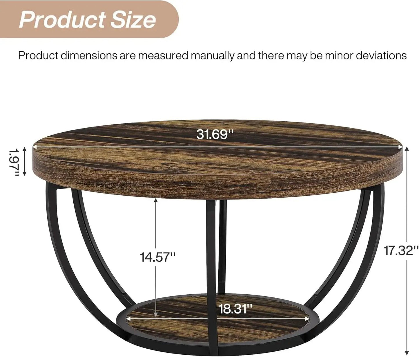 Round Coffee Table 31.7Inches Rustic Brown Storage from PriceLows™