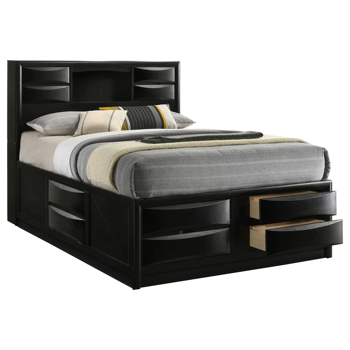 Briana Wood Queen Storage Bookcase Bed | 62.75 x 90.75 x 56 in | Rubberwood & Engineered Wood | Black