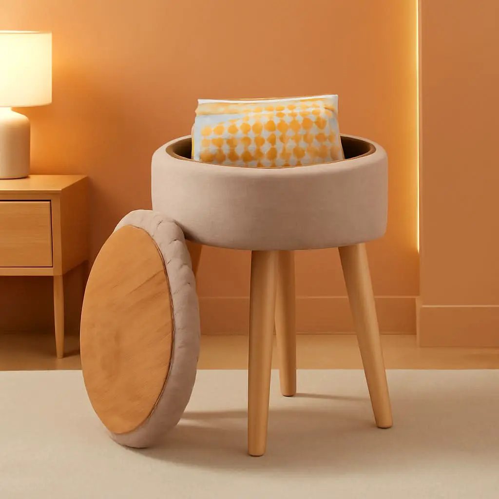 Khaki Linen Storage Velvet Upholstered Ottoman With Tray from PriceLows™