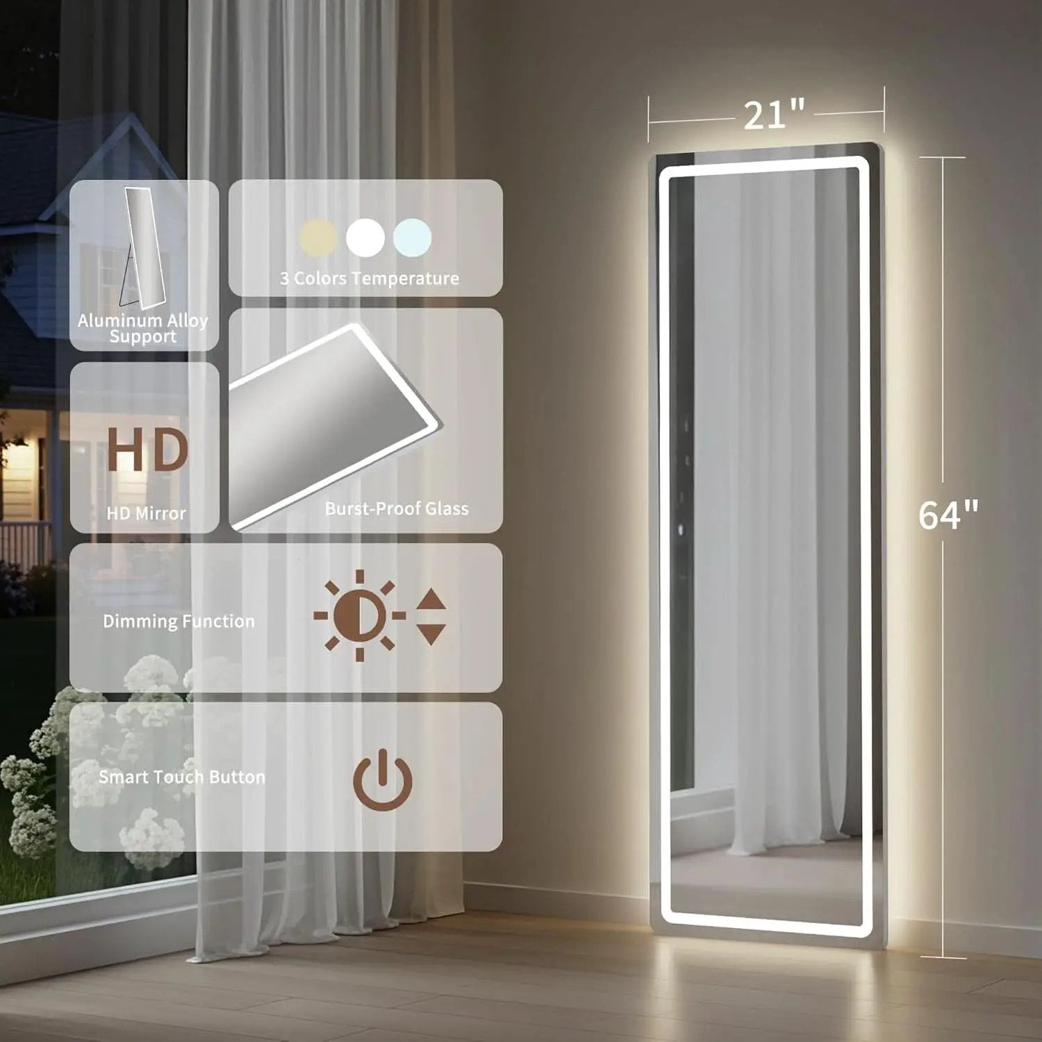 64 Inch Full Length Mirror With LED Lights Aluminum Frame 3 Color Temperatures from PriceLows™