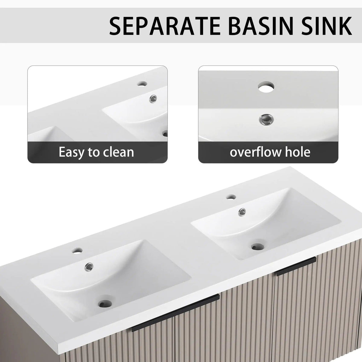 Contemporary Wall Mounted Bathroom Vanity With Resin Double Sink | 6 Pieces | Metal & Plywood | Bathroom