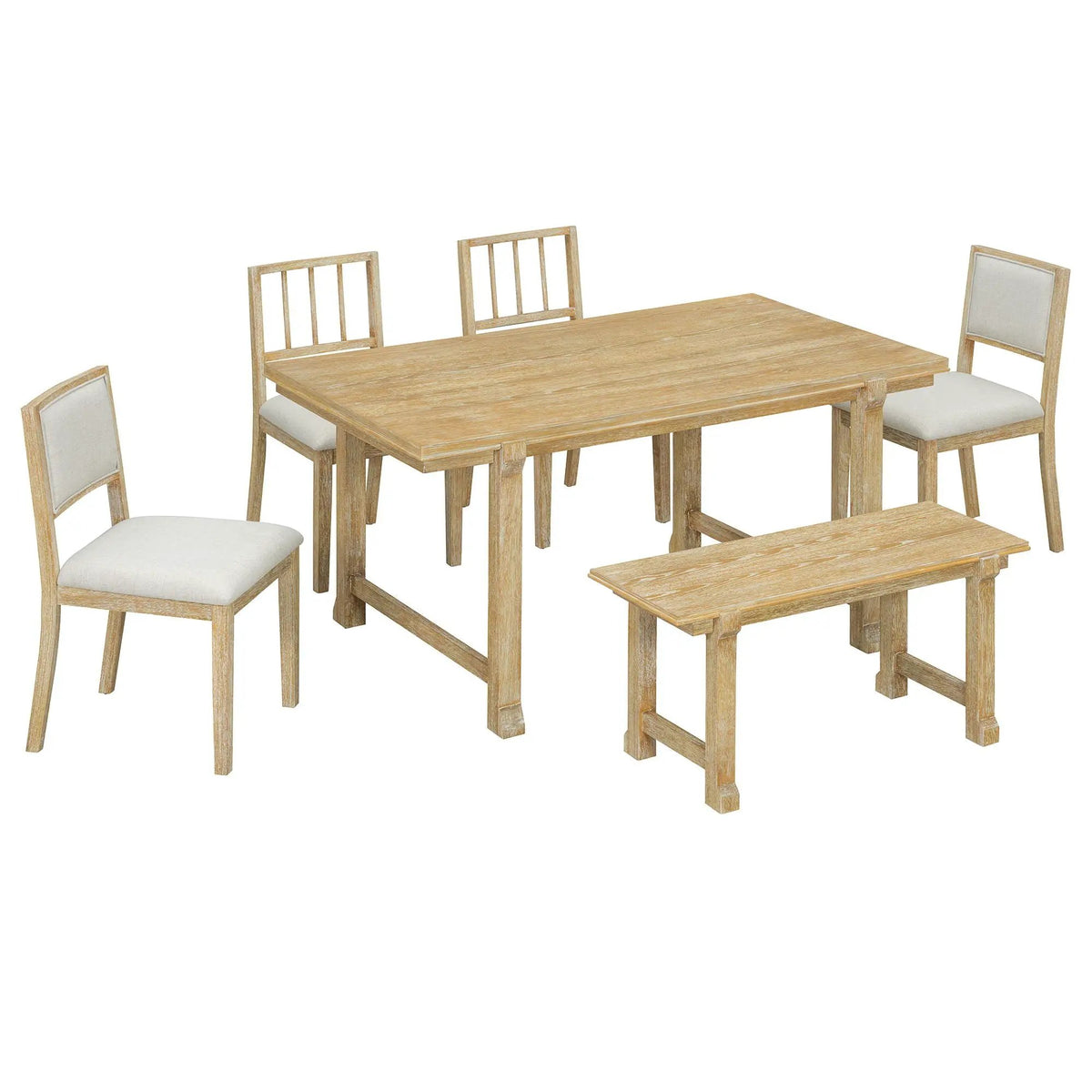 6 Piece Dining Set | Solid Rubber Wood | 4 Slat 2 Upholstered
