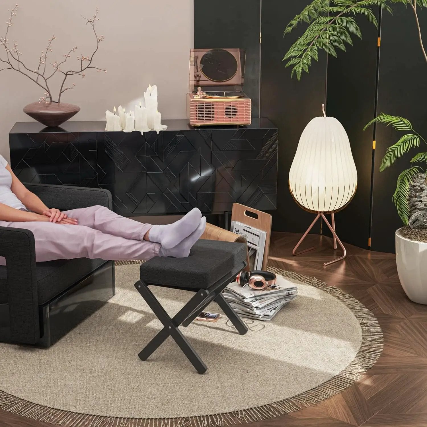 Foldable Foot Stool Black For Contemporary Living Room from PriceLows™