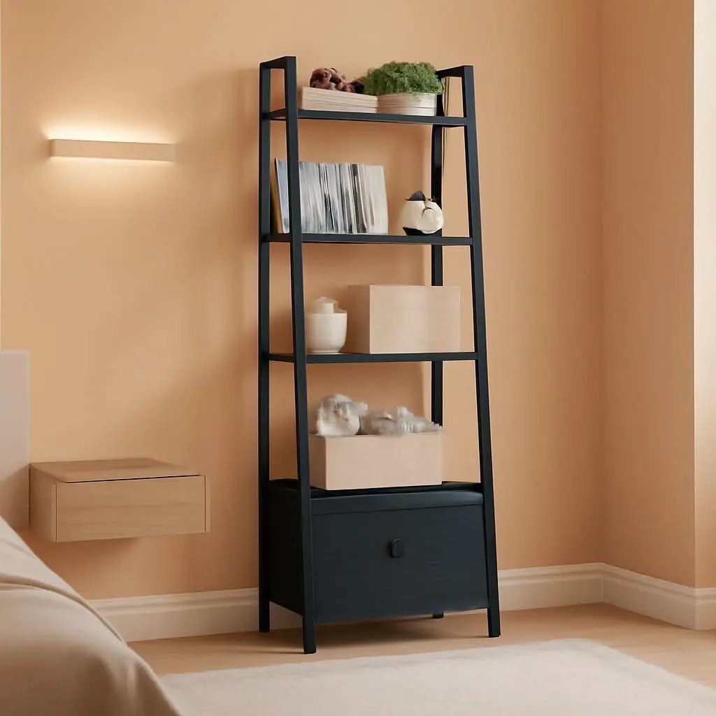 5 Tier Ladder Shelf With Drawer Narrow Black Oak Finish from PriceLows™