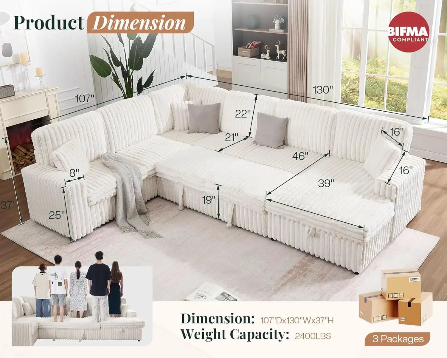 One Hundred Thirty Inch Sleeper Sofa With White Faux Fur from PriceLows™