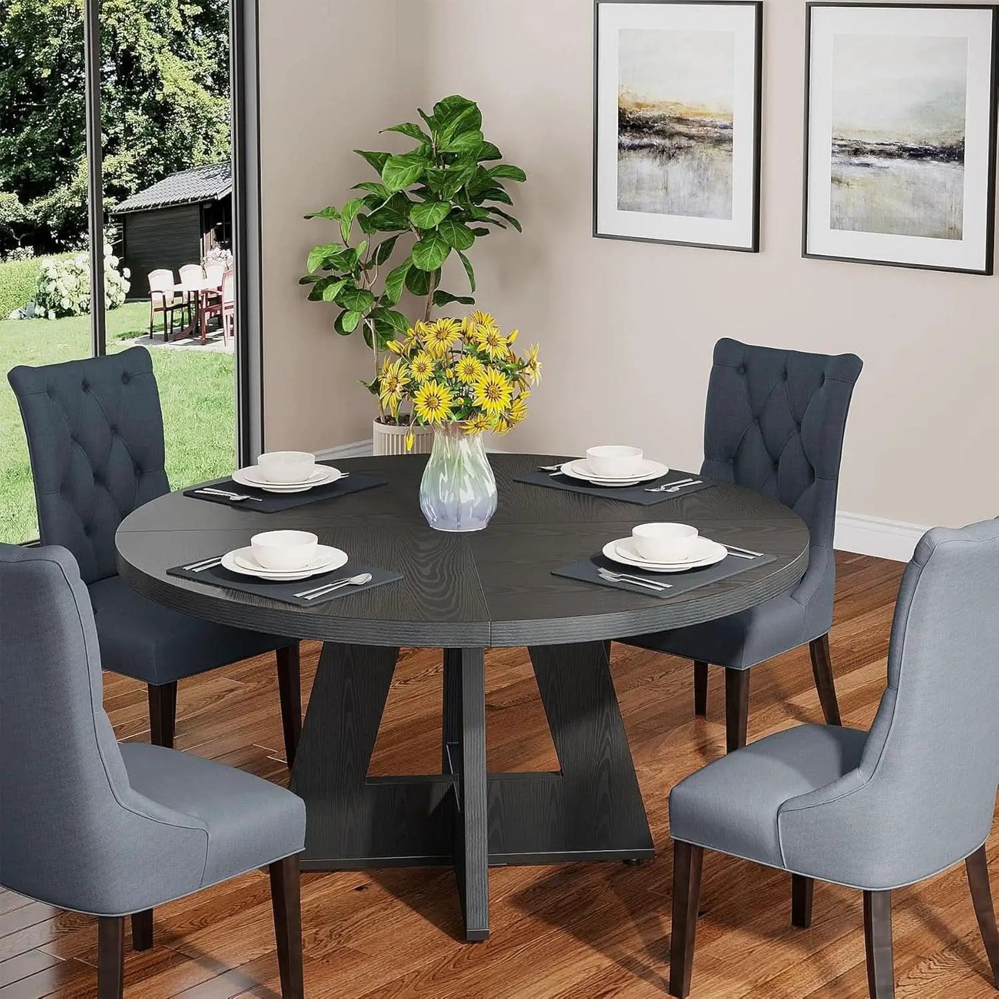 Round Wood Dining Table Farmhouse 47 Inch For Dining Room With Cross Base Black from PriceLows™