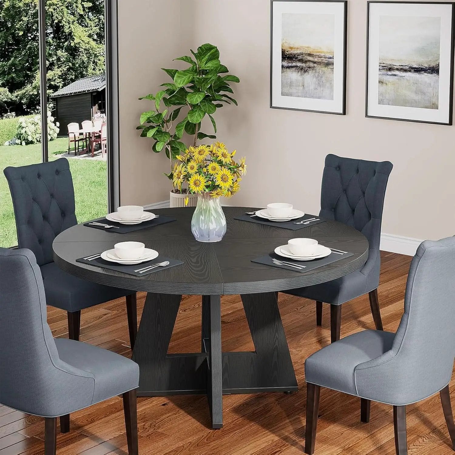Round Wood Dining Table Farmhouse 47 Inch For Dining Room With Cross Base Black from PriceLows™