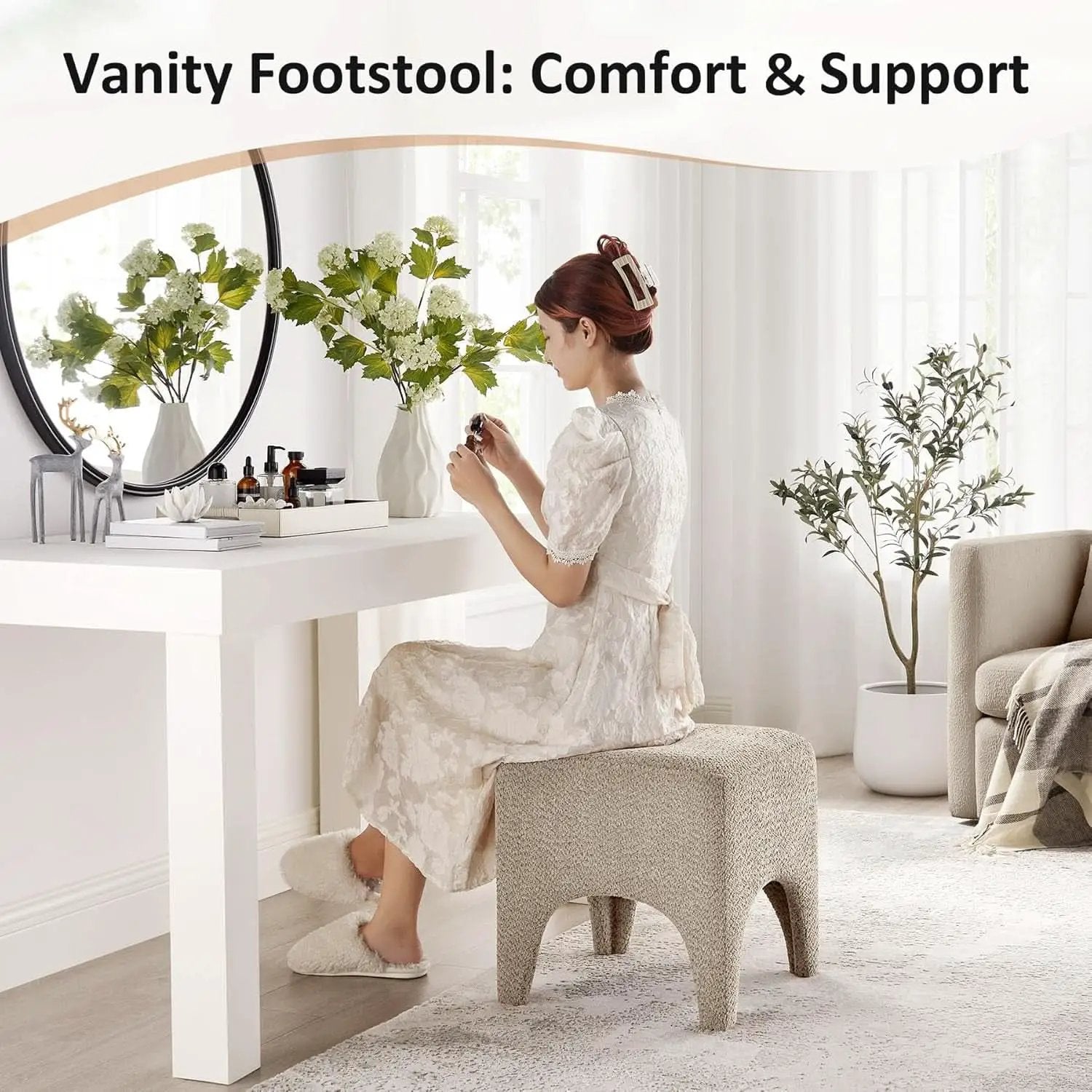 17-Inch Camel Boucle Upholstered Square Ottoman Footstool from PriceLows™