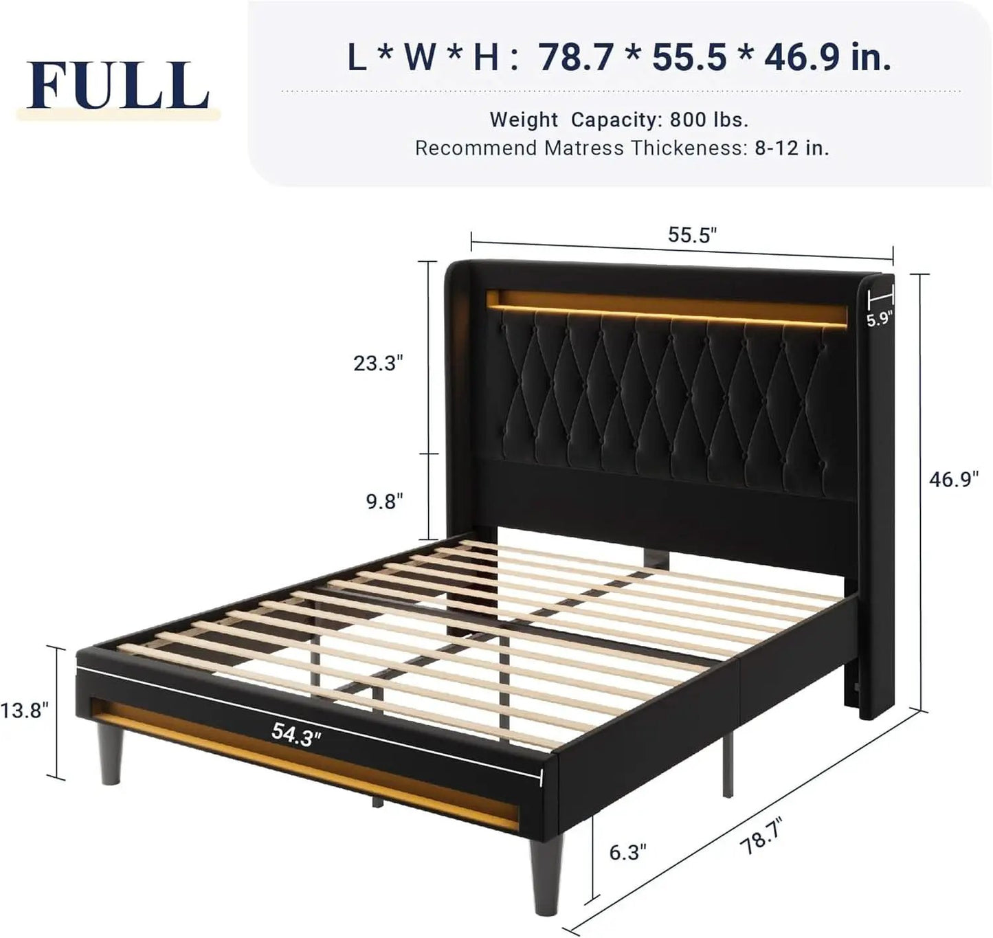 Full Size Bed Frame LED Lighting And USB Charging Black from PriceLows™