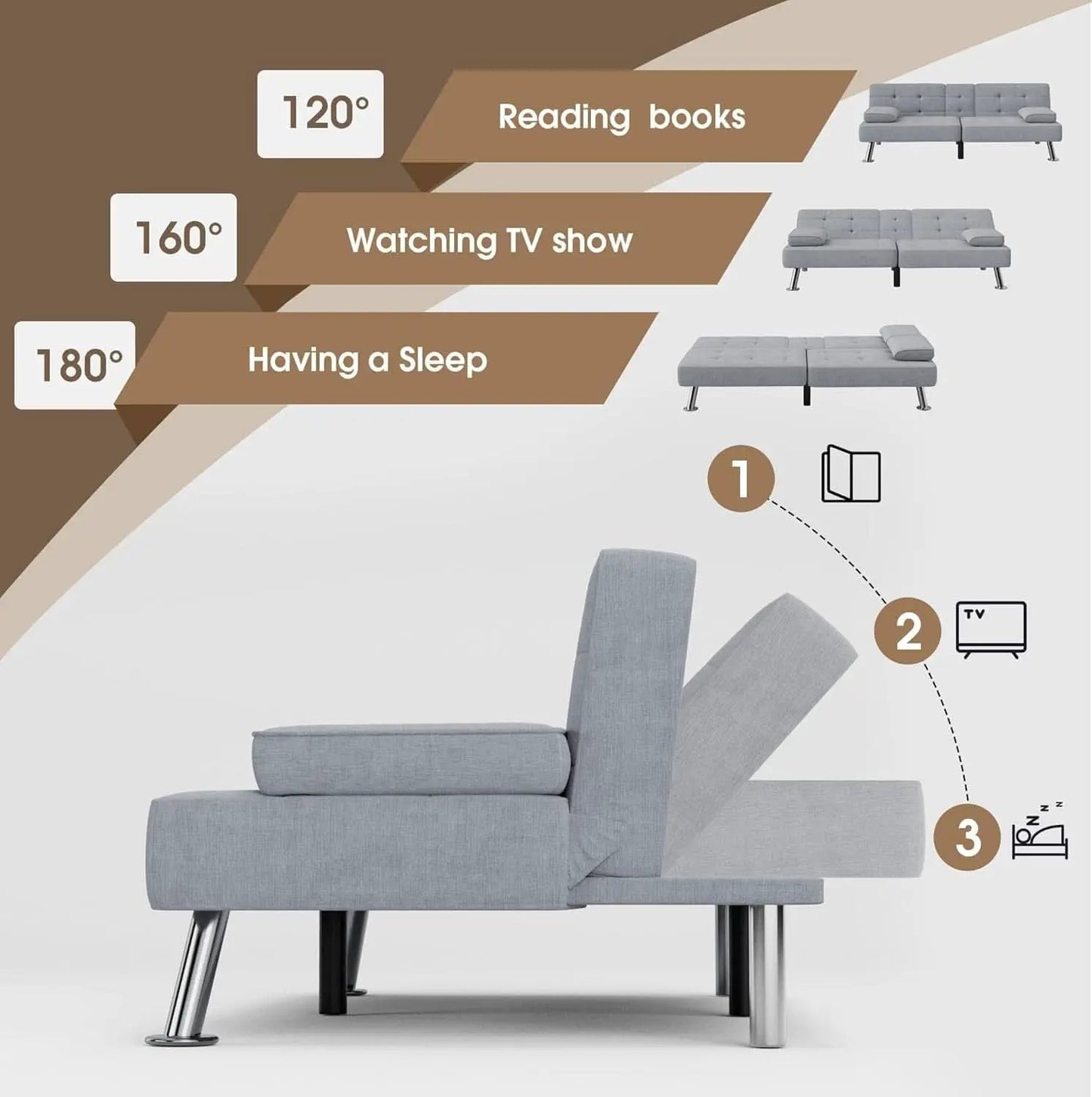 Futon Sofa Bed Light Grey Linen With Cup Holders Removable Armrests from PriceLows™