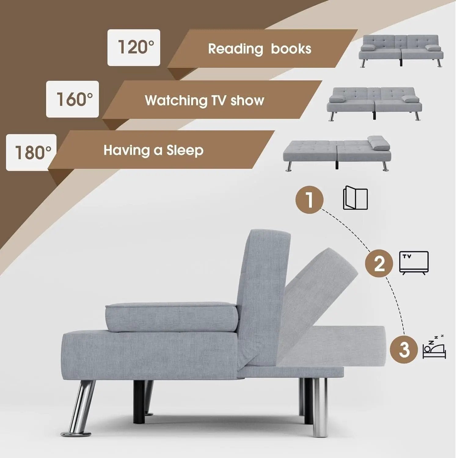 Futon Sofa Bed Light Grey Linen With Cup Holders Removable Armrests from PriceLows™