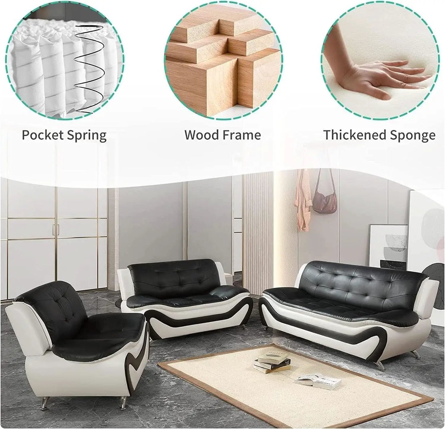 Vegan Leather Sofa Set 3 Piece Living Room Furniture White and Black from PriceLows™