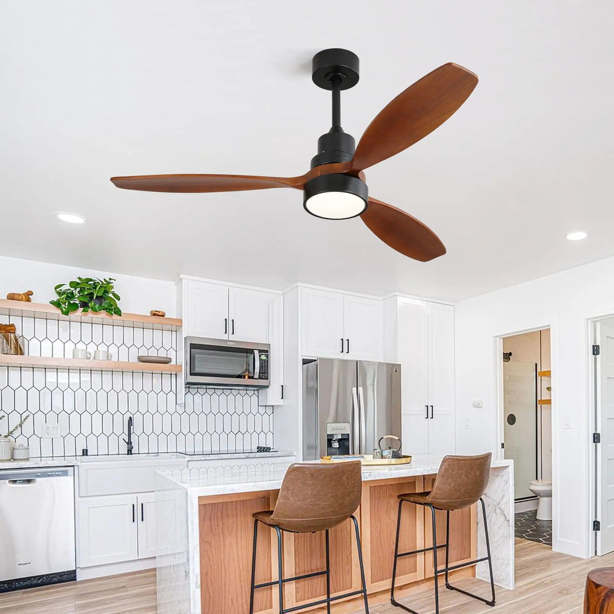 Ceiling Fan With Reversible DC Motor, LED Light, Solid Blades, Remote Control | 52 x 52 x 15 in | Solid Wood & Metal | Home