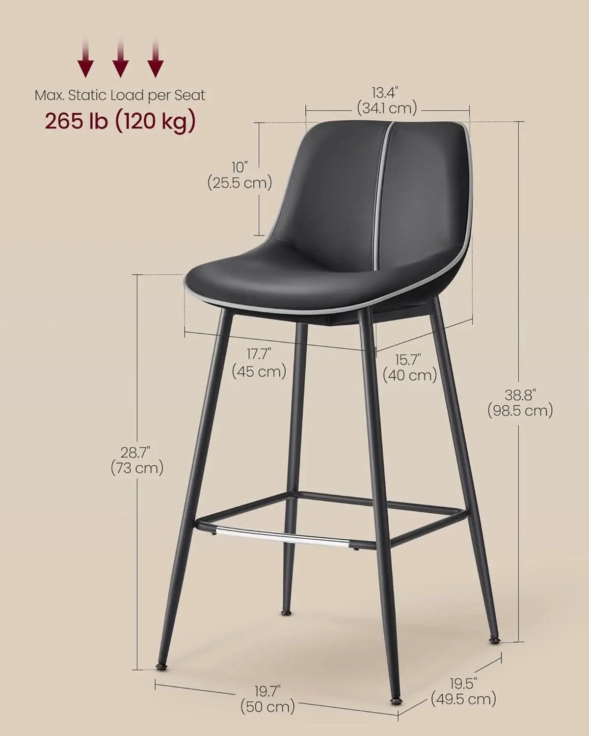 Bar Stools Set Of 2 Ink Black Synthetic Leather Bar Height Back Ergonomic from PriceLows™