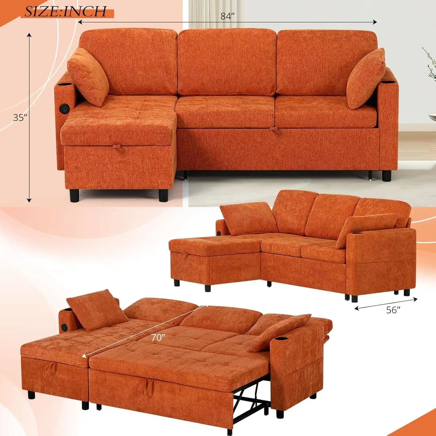 84Inches BrightOrange Chenille Pullout Sofa Bed USBPort from PriceLows™