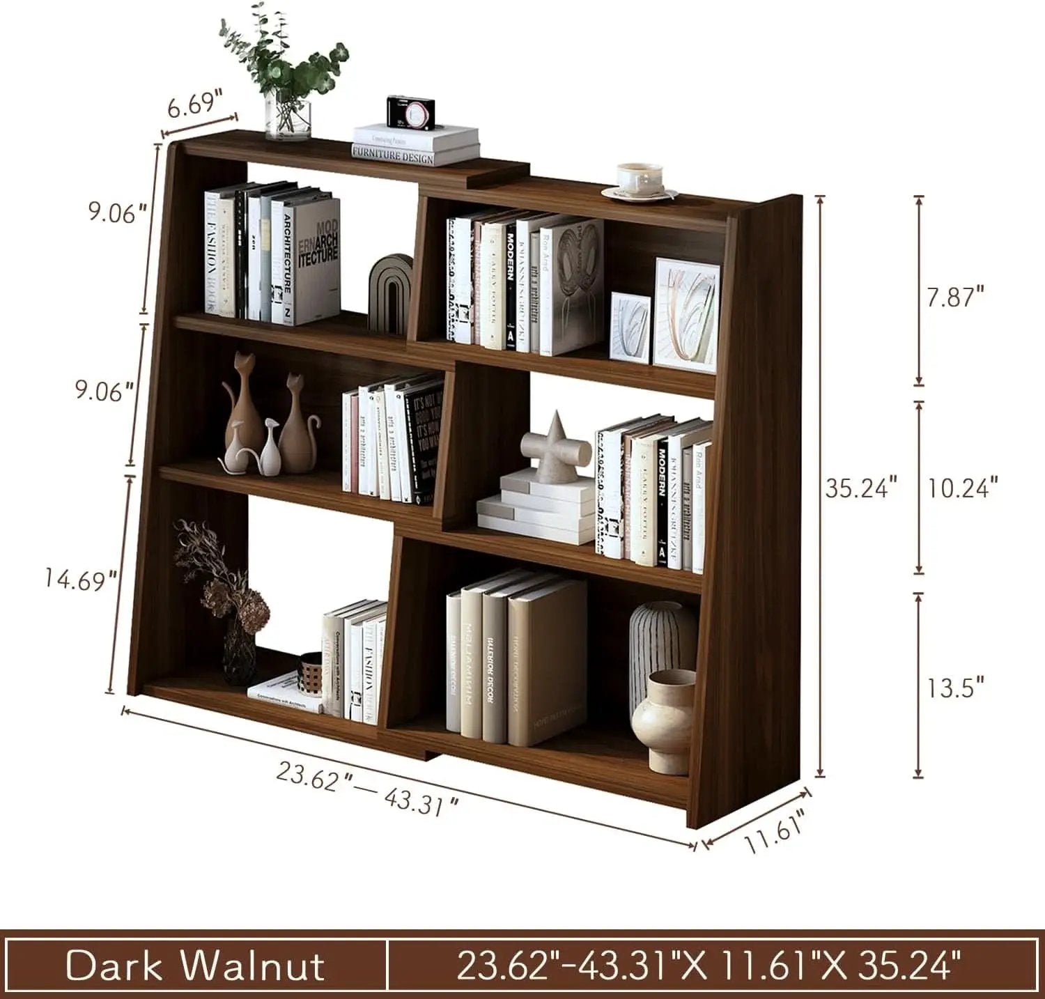 Extendable Walnut Three Tier Bookcase With Open Cubbies from PriceLows™