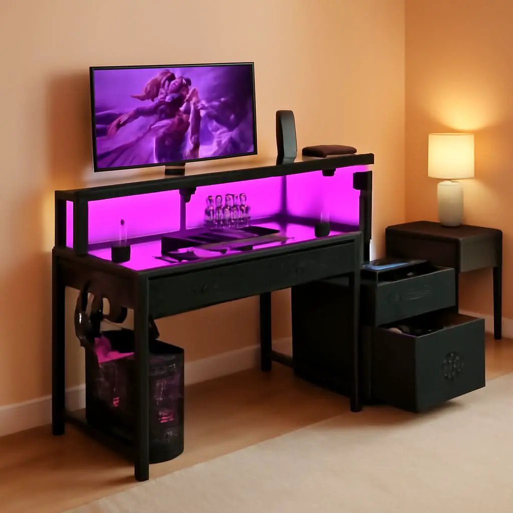 48-Inch Black Gaming Desk With LED Lights And Power Outlets from PriceLows™
