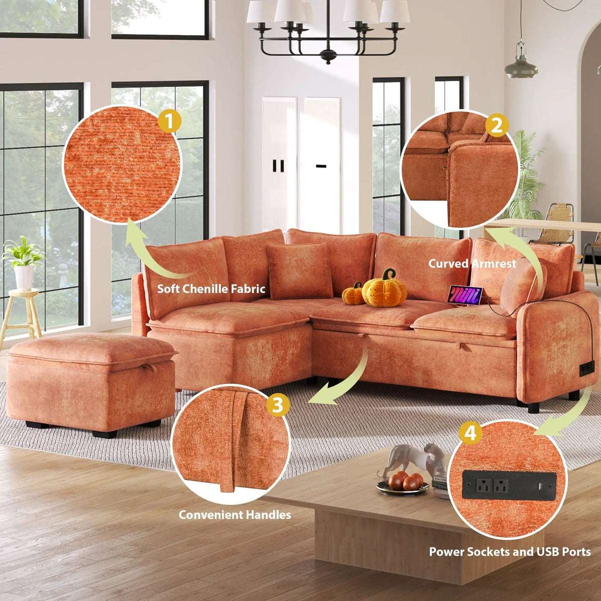Convertible Sofa Bed | L Shaped Sectional | Storage Ottoman | Two USB Ports