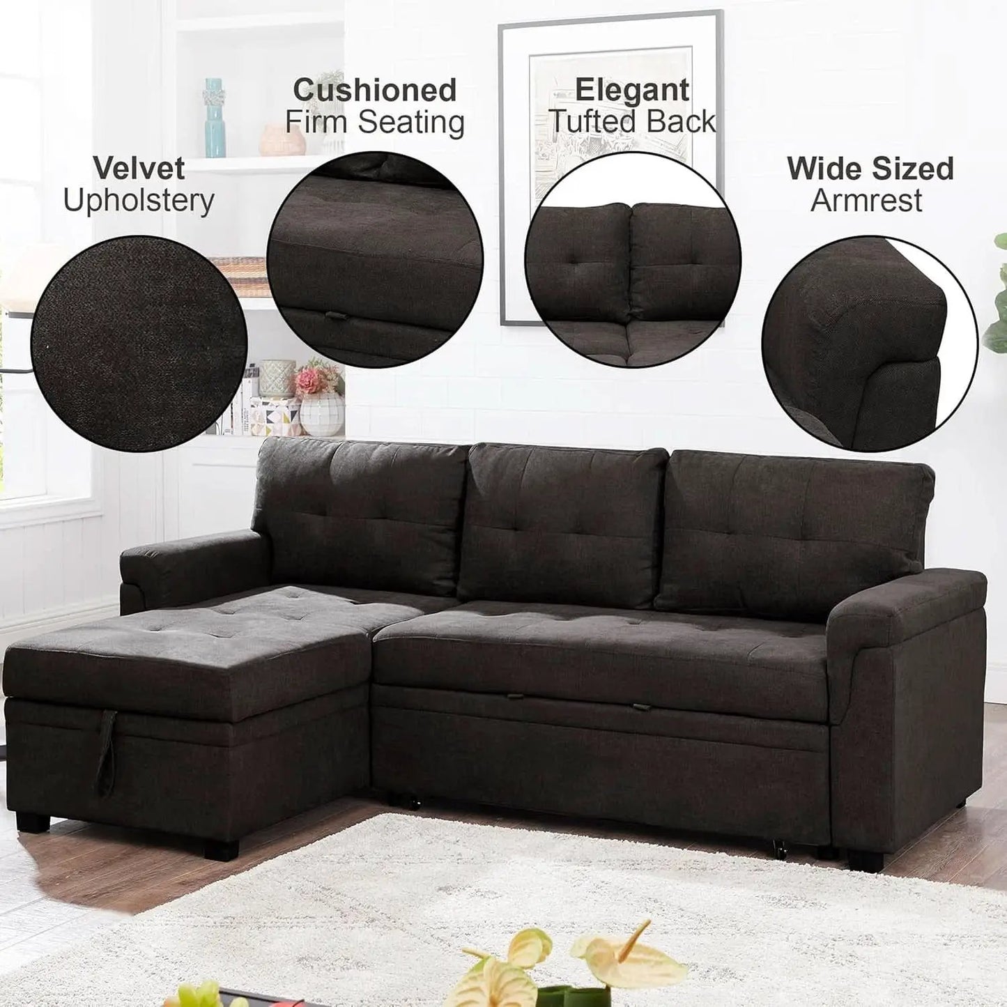 Espresso Velvet Sleeper Sectional Sofa Bed Chaise Set from PriceLows™