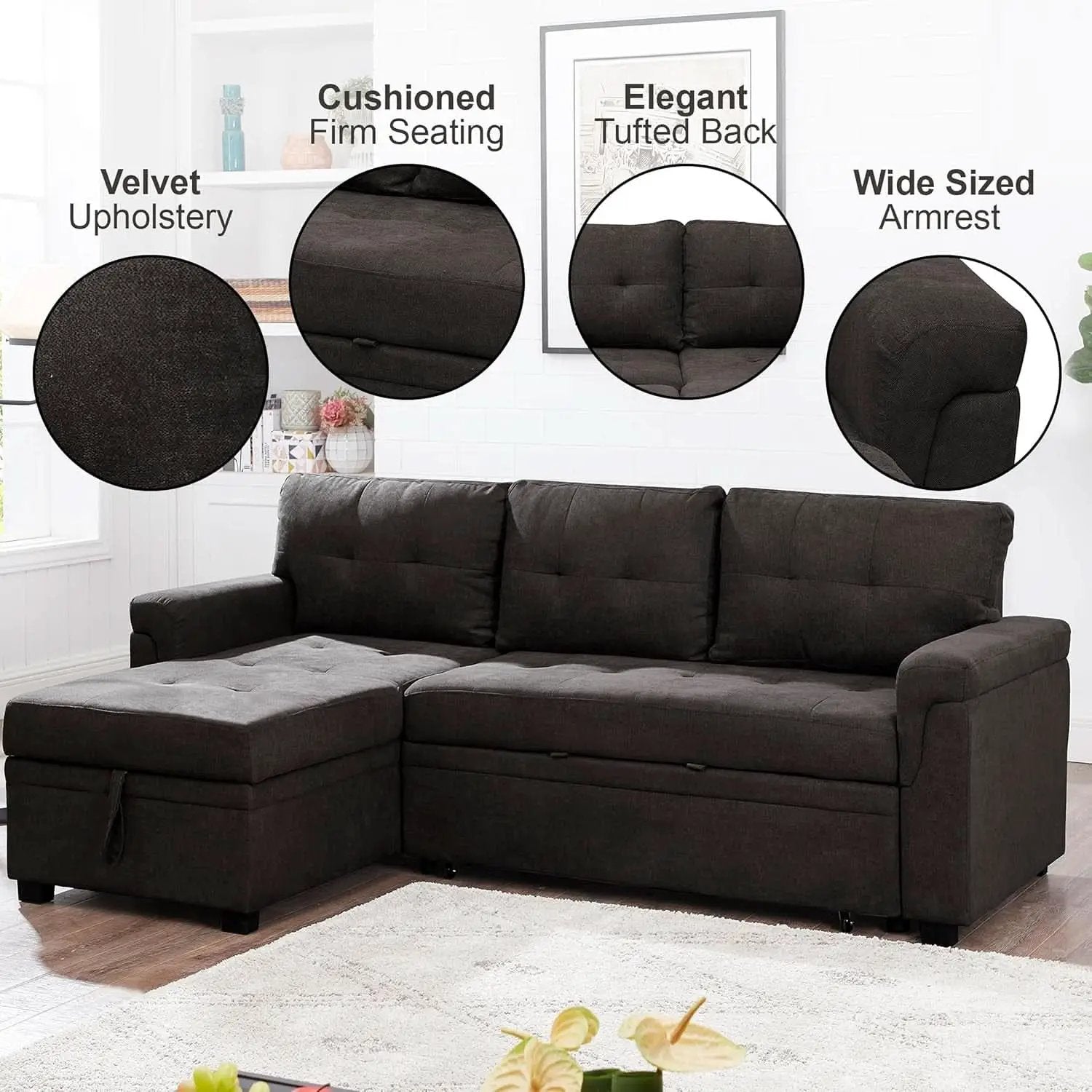 Espresso Velvet Sleeper Sectional Sofa Bed Chaise Set from PriceLows™