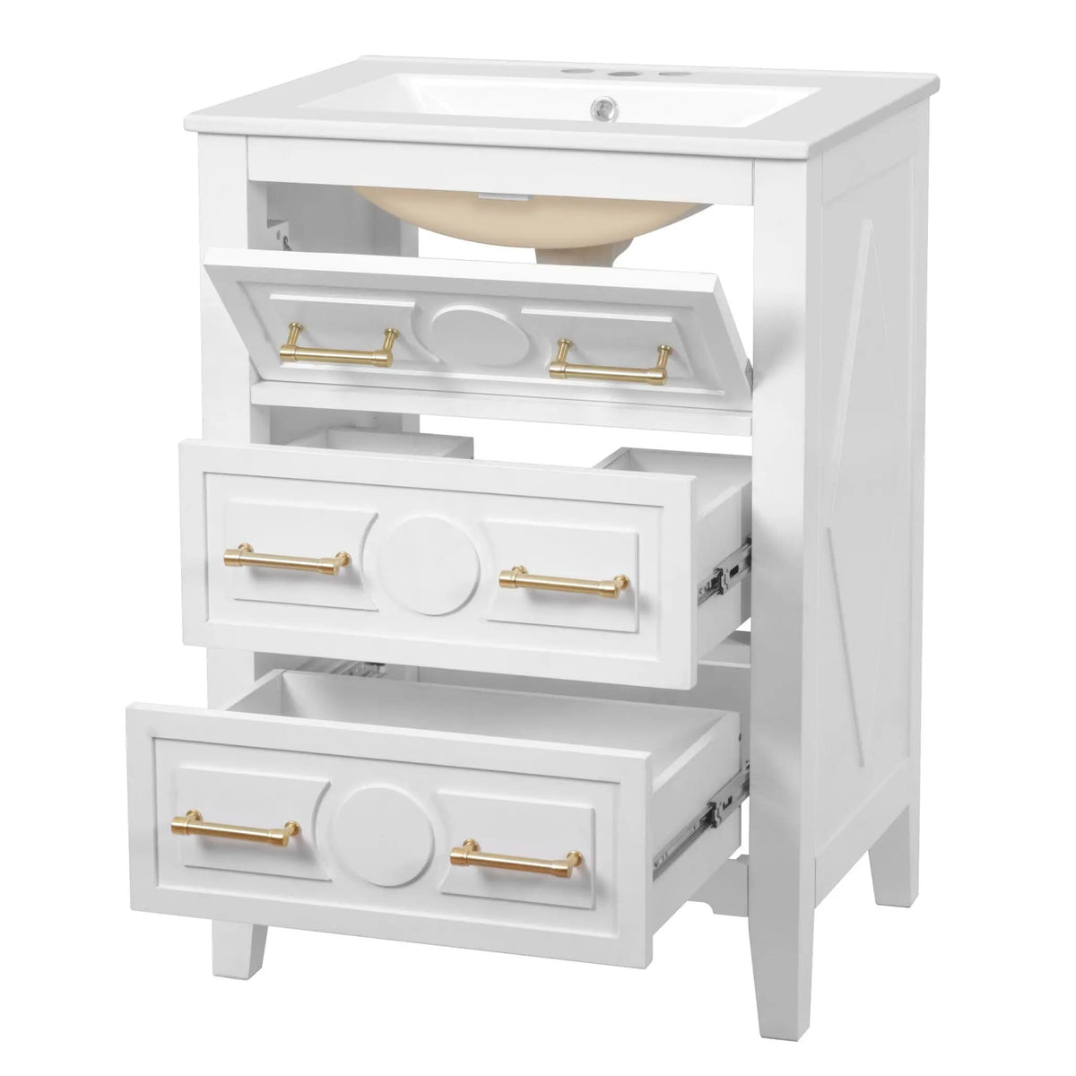 Bathroom Vanity With Sink, Free Standing Single Set, 3 Drawer Storage Cabinet | 2 Pieces | Solid Wood & Ceramic | Bathroom