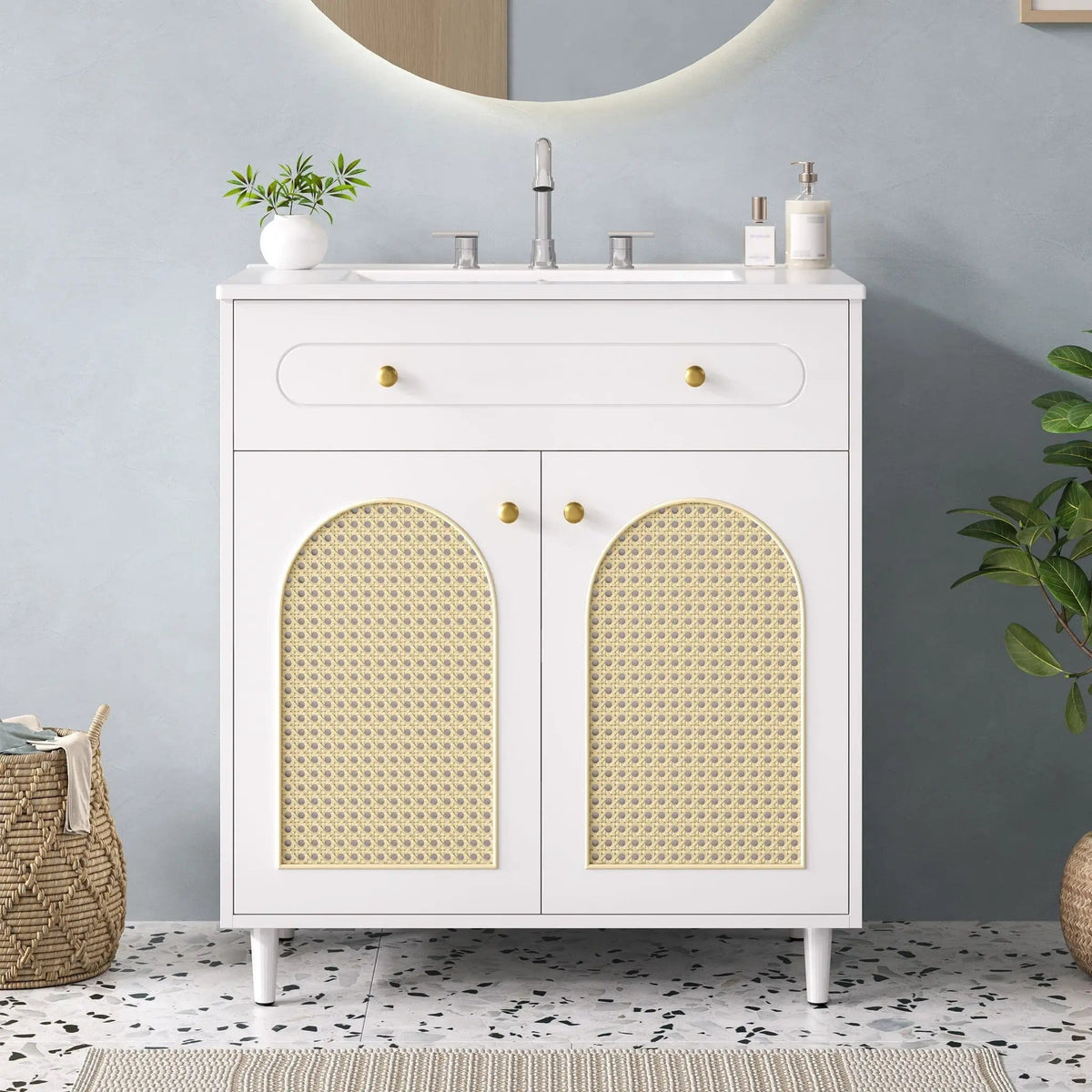 Modern Bathroom Vanity With Sink, Cabinet With Adjustable Shelf | 30 x 18.3 x 34 in | Solid Wood & Rattan | Bathroom