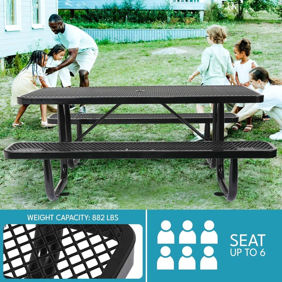 Outdoor Steel Picnic Rectangular Table With Umbrella Pole | 3 Pieces | Steel & Metal | Dining Room