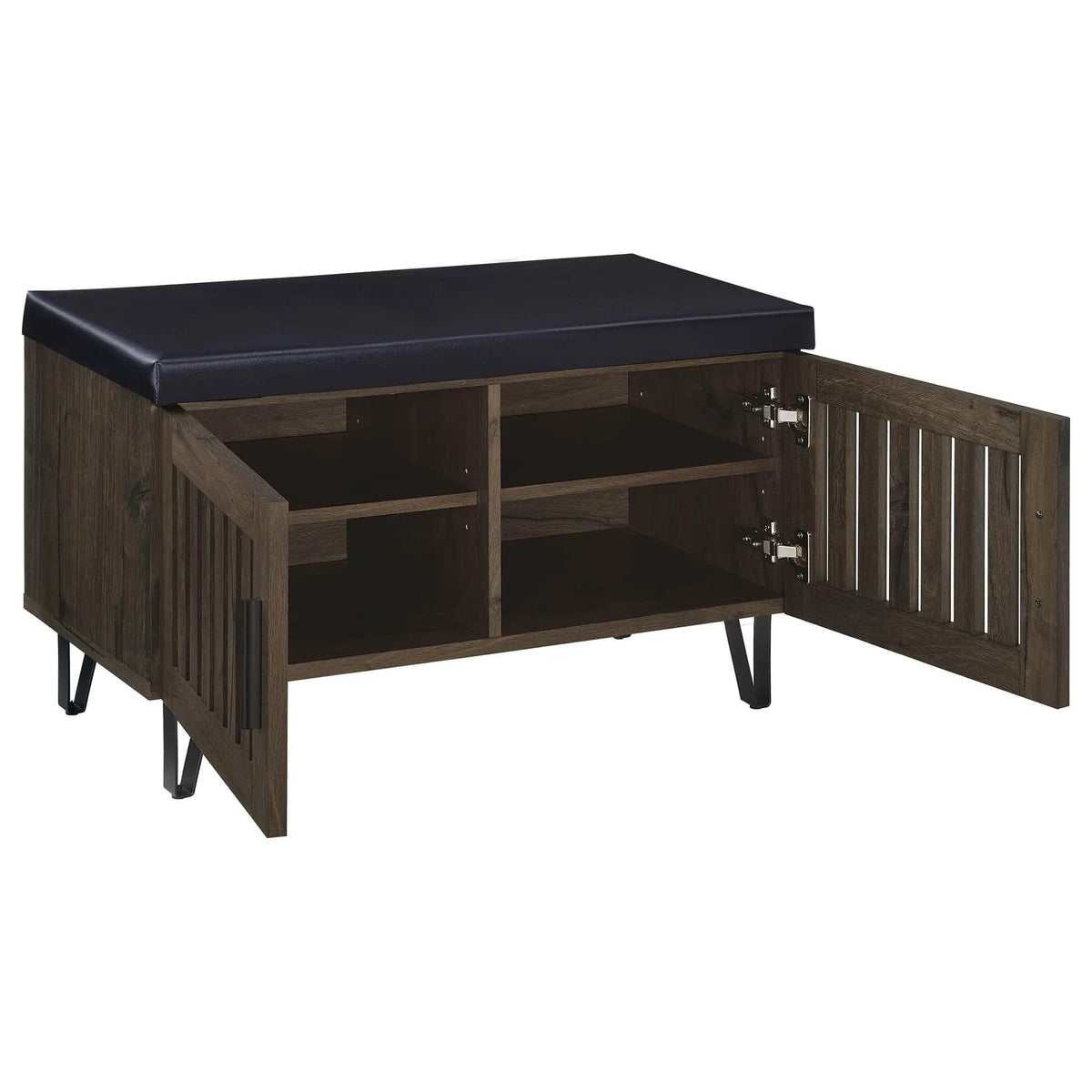 Brixton 2-door Padded Entryway Shoe Storage Bench Smoked Shoe Cabinet | 31.5 x 15 x 19 in | Faux Leather & Metal | Oak