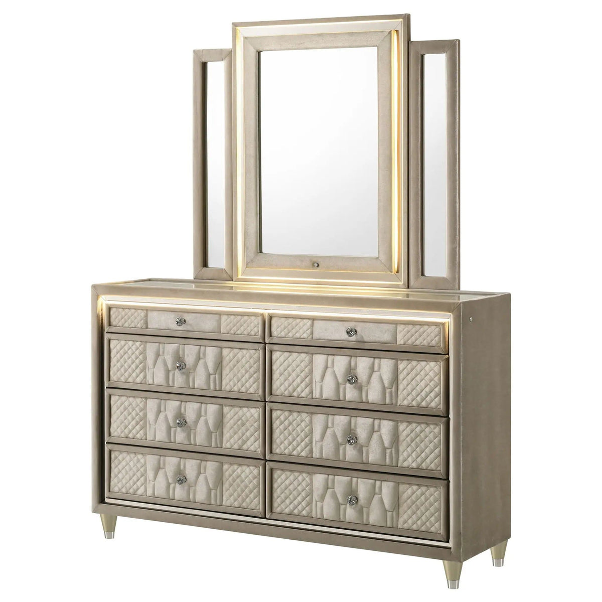 Lorient 8-drawer LED Dresser with Mirror Ivory and Camel | 60.5 x 16 x 77.75 in | Rubberwood & Velvet | Bedroom