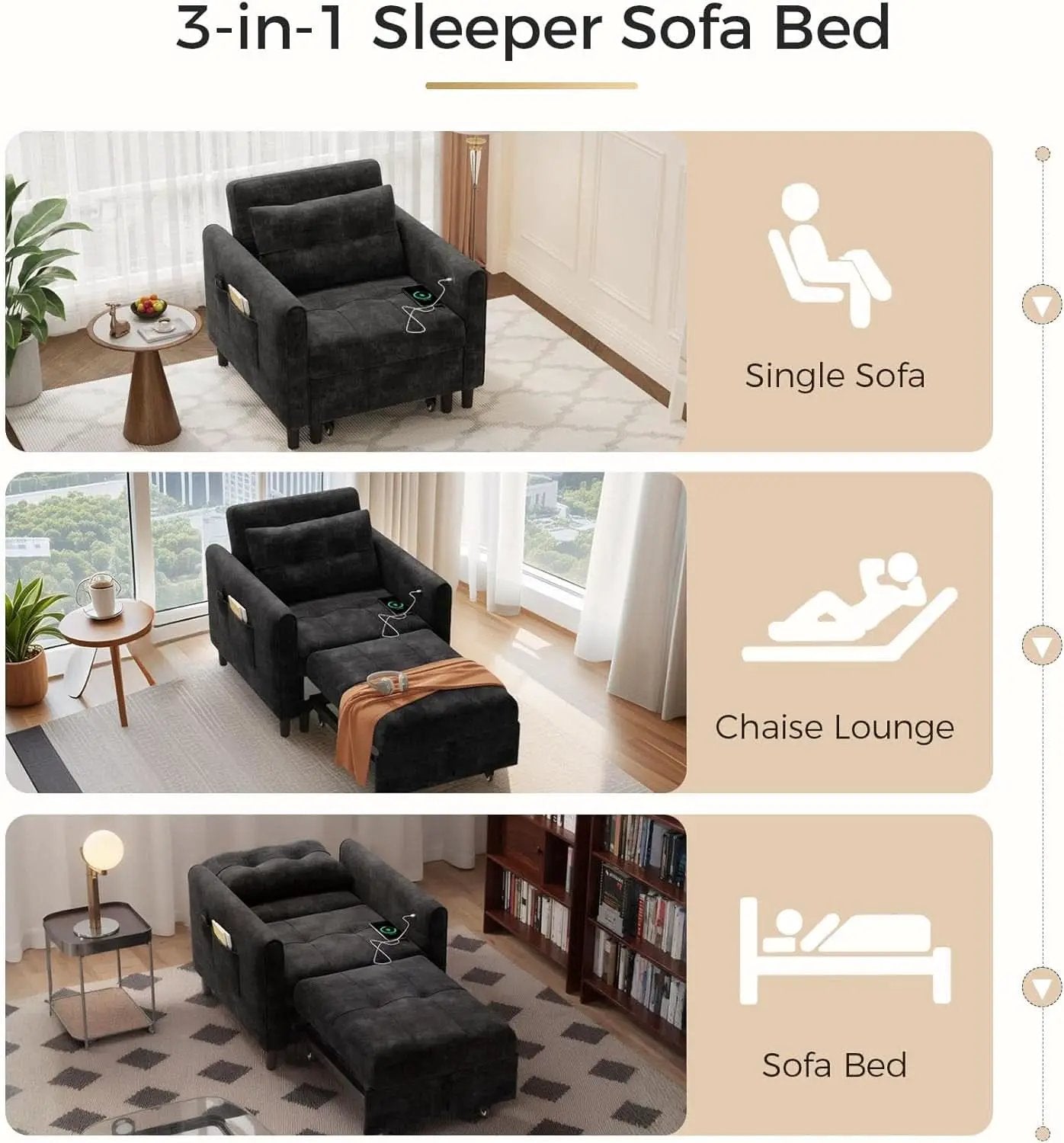 Black Upholstered Sleeper Chair Pull Out Bed For Small Rooms from PriceLows™