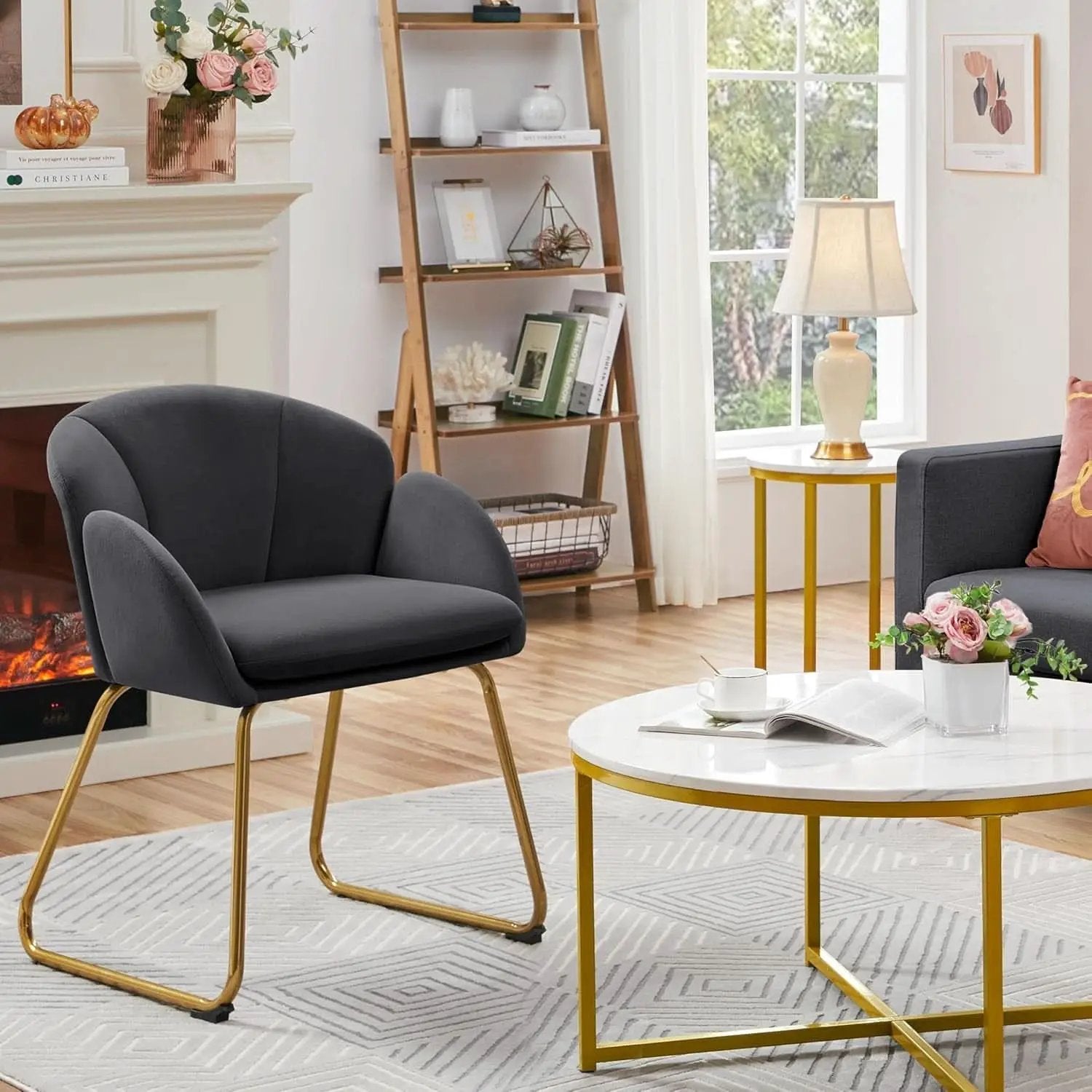 Flower Shape Velvet Armchair With Golden Legs Dark Gray from PriceLows™