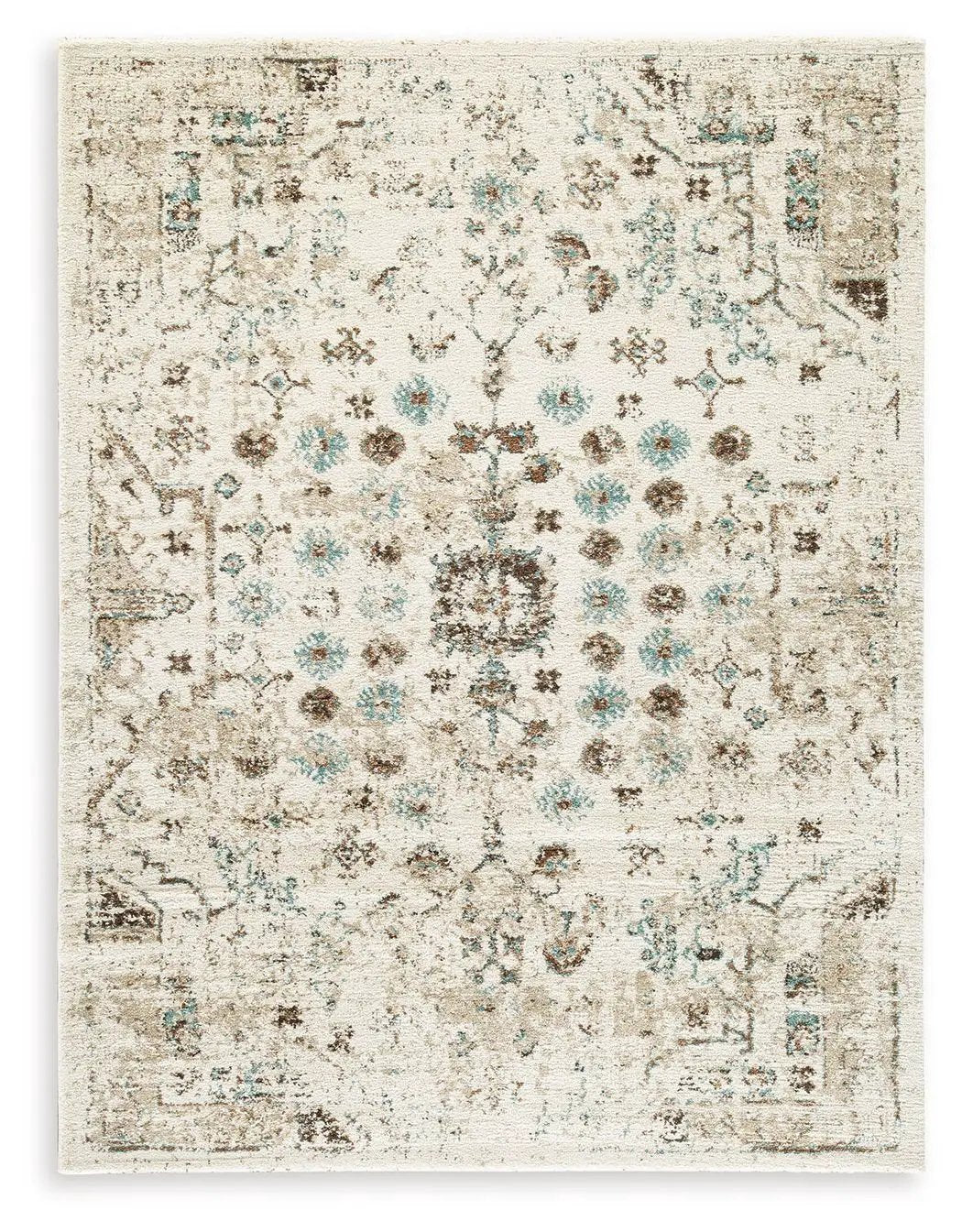 Jossler Area Rug | 94.38 x 119.13 Inch | Traditional Pattern | Ivory Brown And Teal