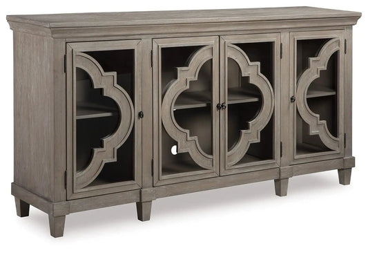 Fossil Ridge Accent Cabinet | 76 x 18 x 39.13 in | Engineered Wood & Glass | Gray