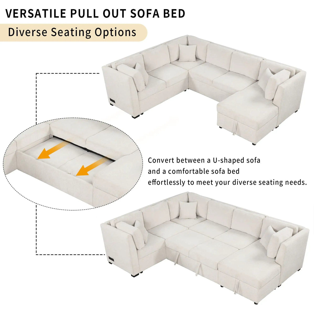 U-Shaped Sectional Sofa Pull Out Sofa Bed With Two USB Ports, Two Power Sockets | 3 Pieces | Fabric | Bedroom