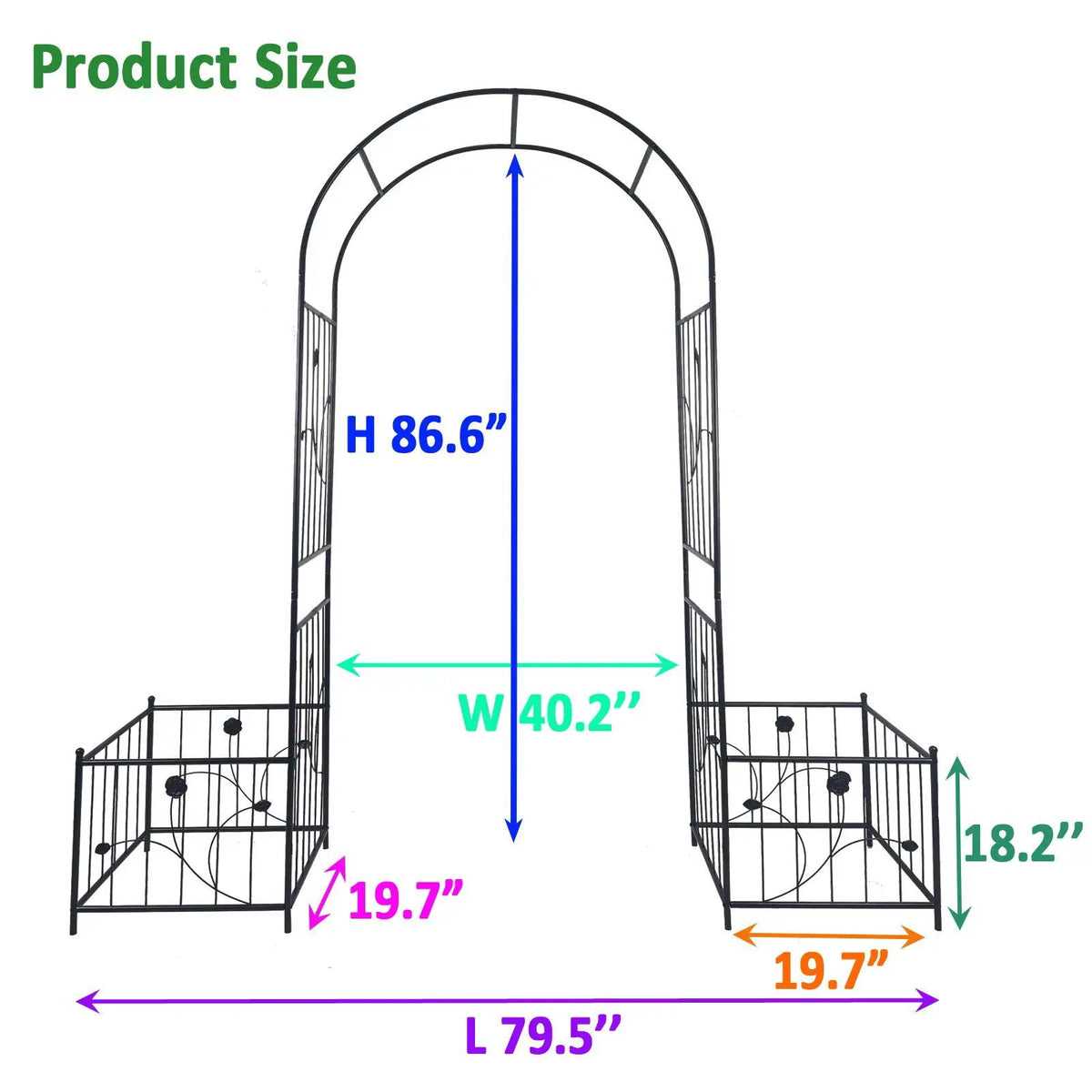 Metal Garden Arch With Plant Stands | Black | 79.5 Inch Width | Dual Planter Stands