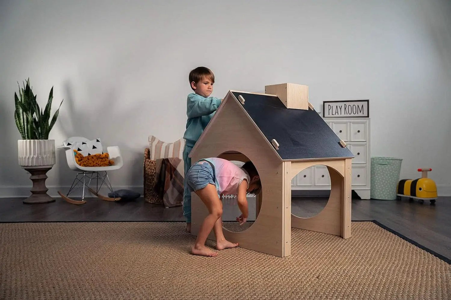 Indoor Montessori Wooden Playhouse With Chalkboard from PriceLows™