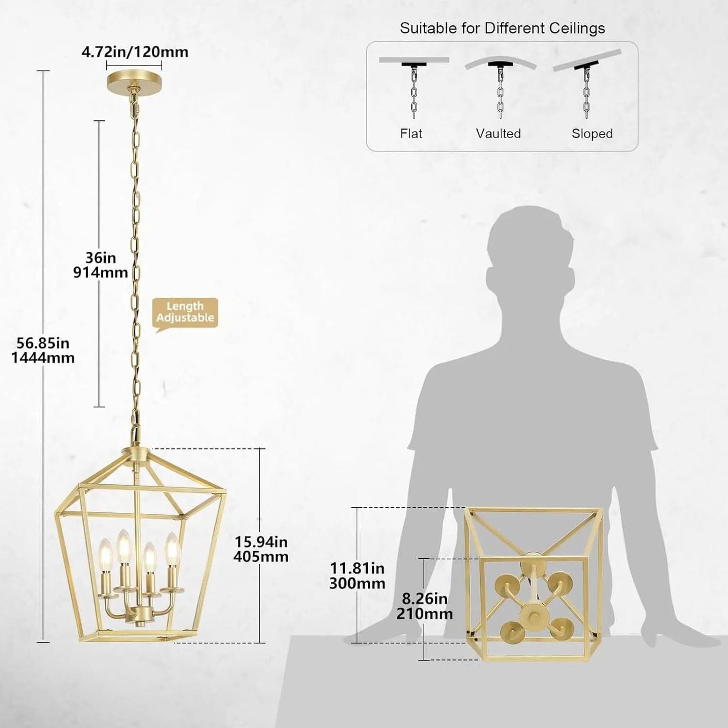 Industrial Gold Lantern Chandelier 4 Light Adjustable from PriceLows™