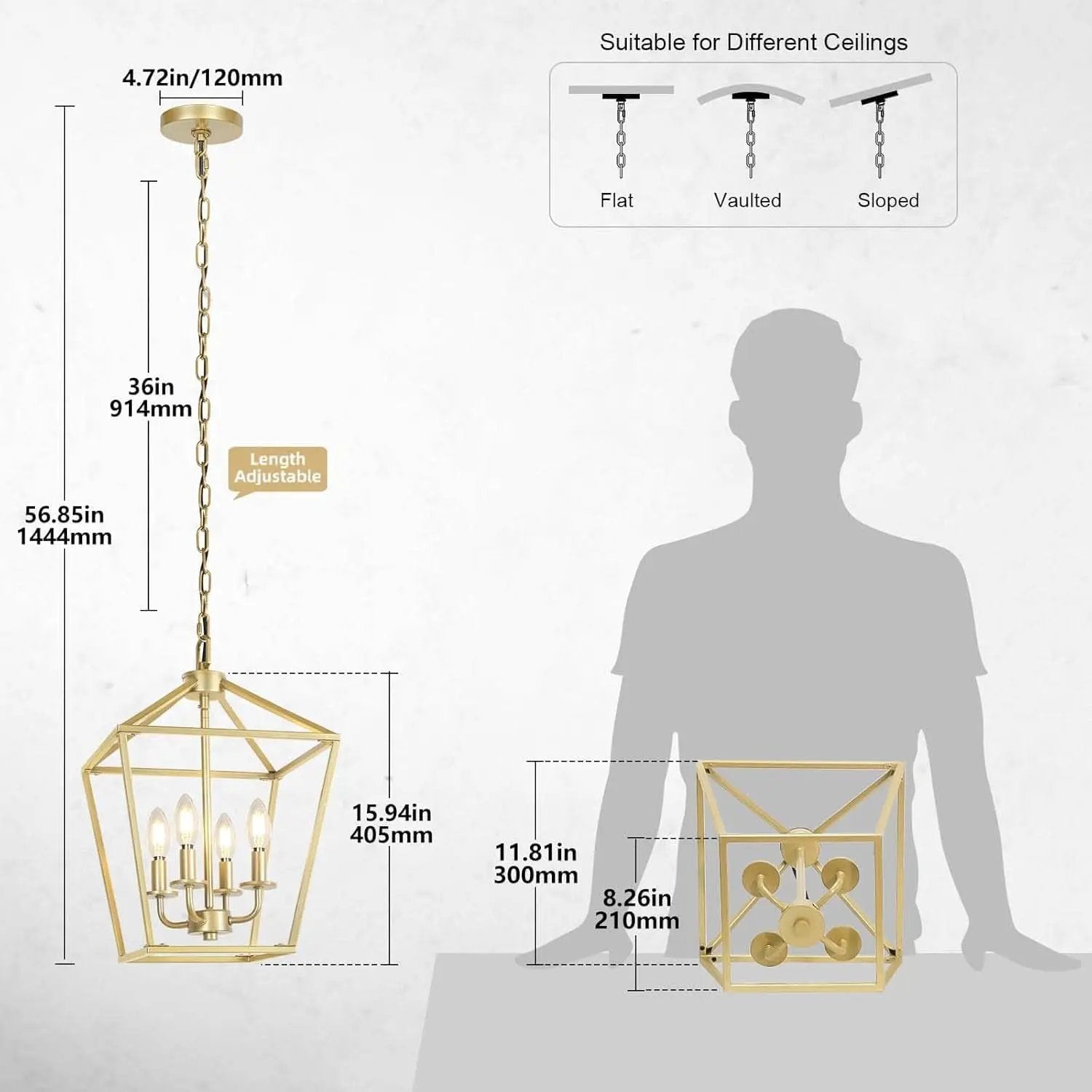 Industrial Gold Lantern Chandelier 4 Light Adjustable from PriceLows™