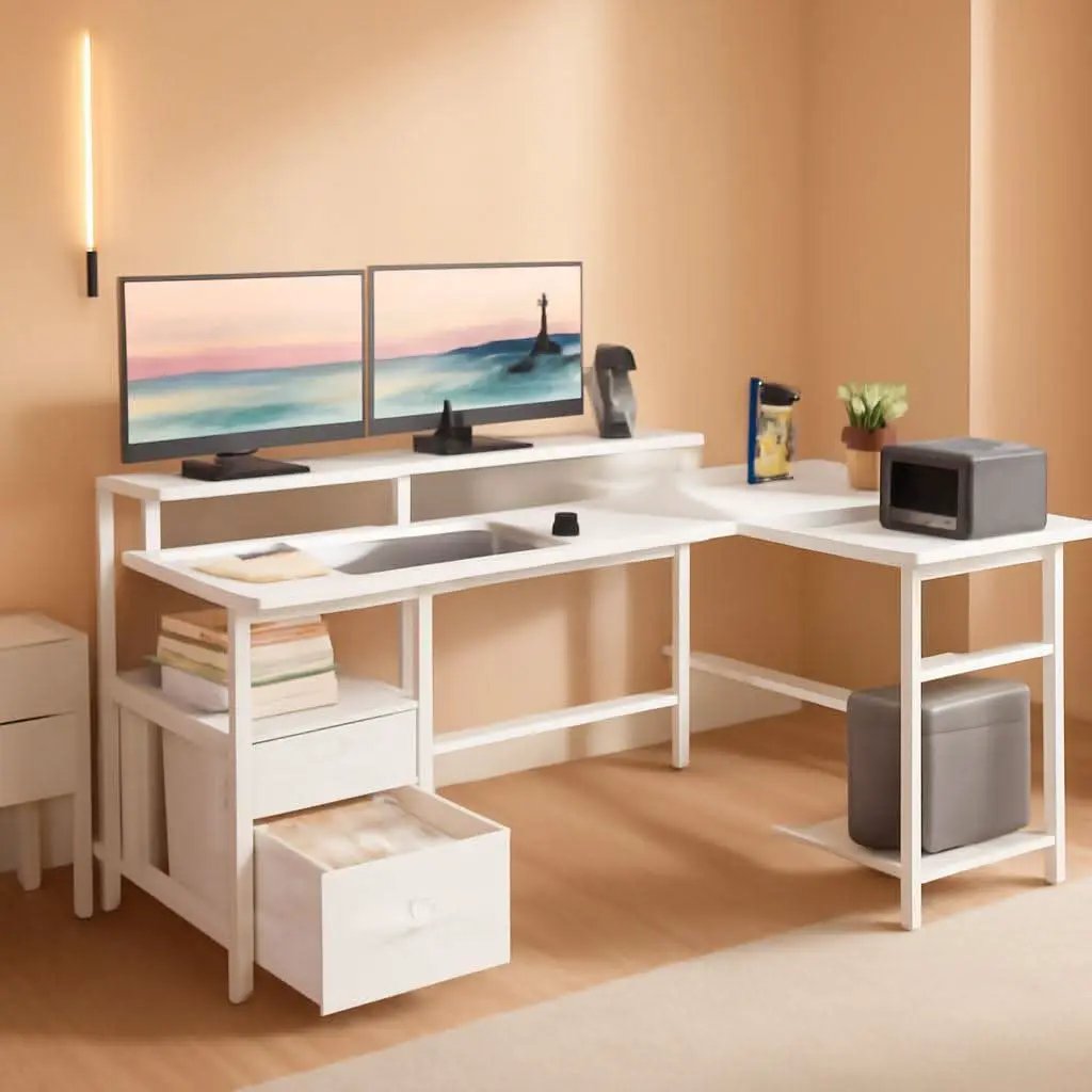 White Fifty Nine Inch L Shaped Desk With Power Outlets from PriceLows™