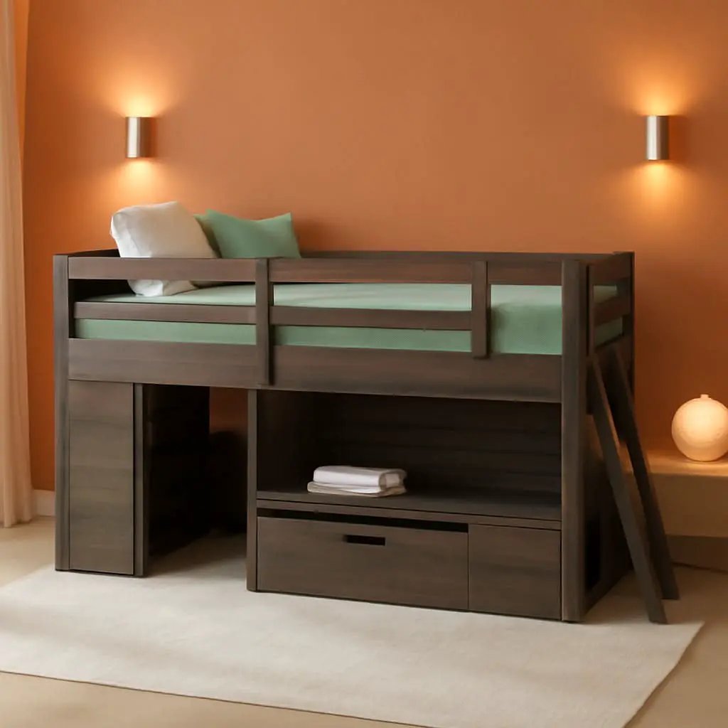 Twin Size Solid Wood Loft Bed With Storage Drawer And Ladder Barnwood Brown from PriceLows™