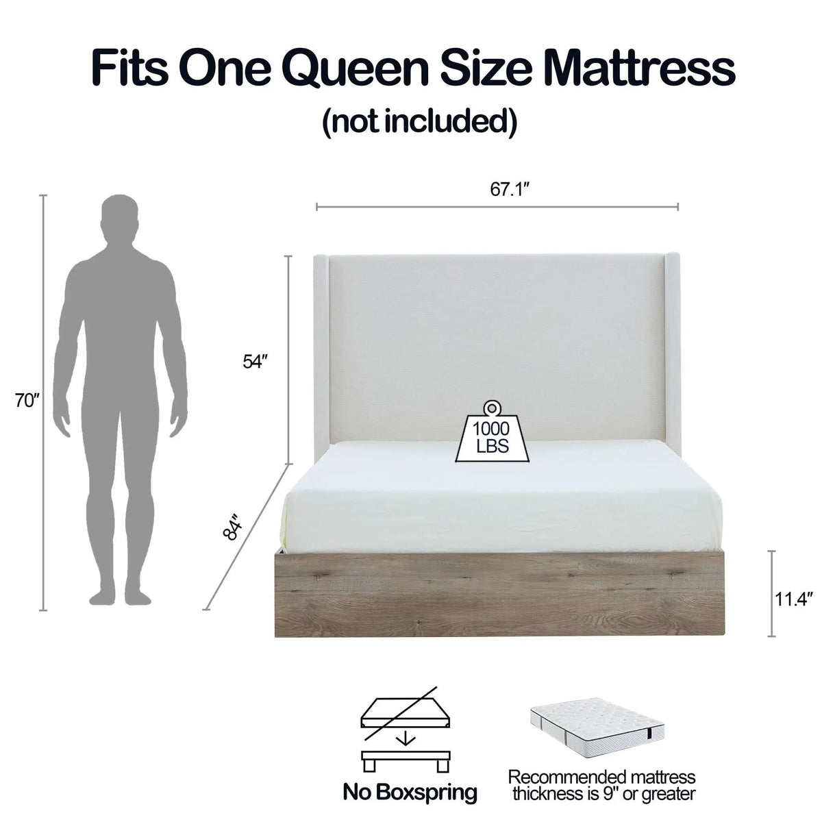 Shelton Queen Upholstered Wingback Bed With 54" High Headboard | 84 x 67.1 x 54 in | Metal | Ivory / Light Gray / Camel Oak