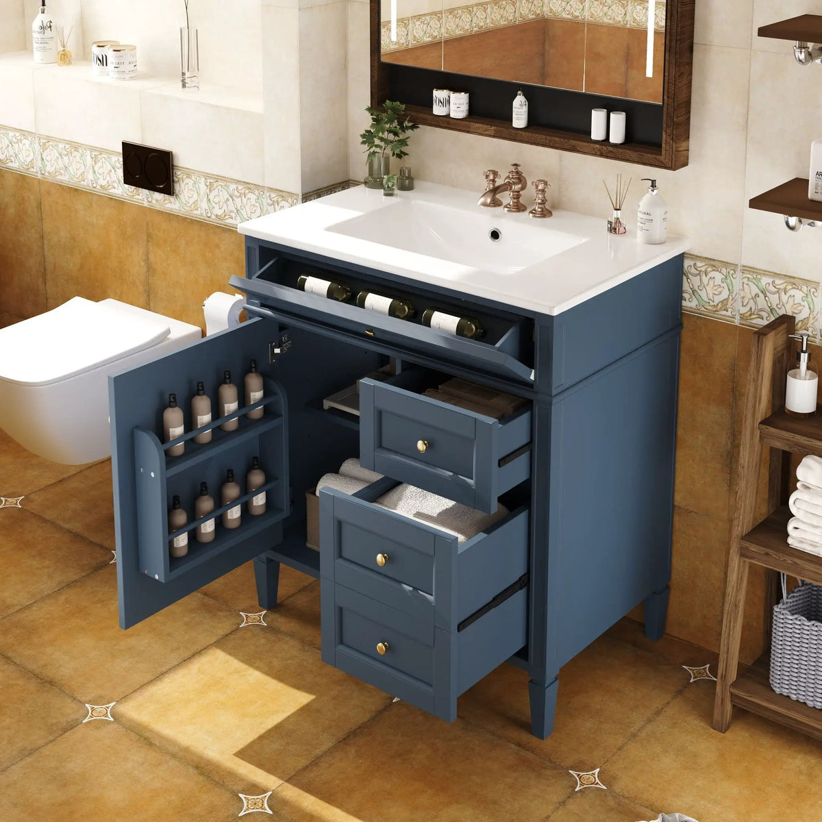 30 Inch Bathroom Vanity With Top Sink | 2 Drawers | Tip-Out Drawer | Vintage-Inspired Handles
