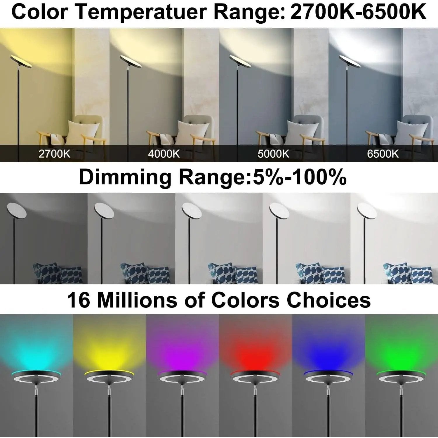 RGB LED Floor Lamp With Remote Dual Side Lighting 2600 Lumens from PriceLows™