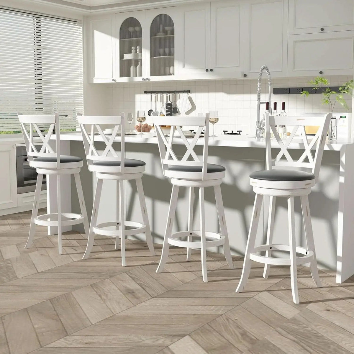 29 Inch Bar Height Swivel Stool Antique White Set Of 2 With Upholstered Seat And Comfortable Padding from PriceLows™