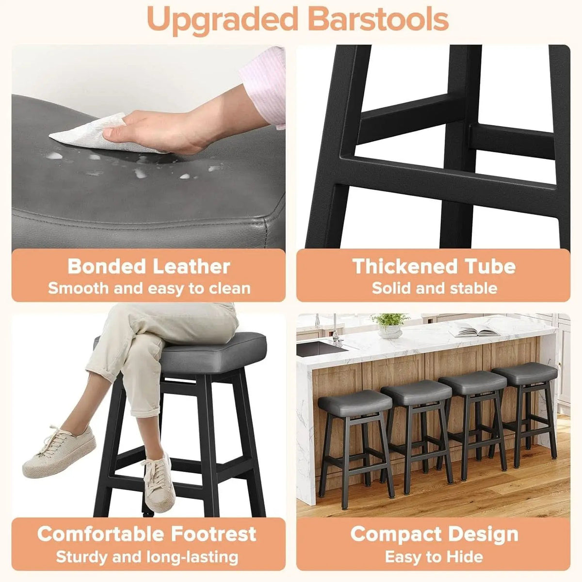 29 Inch Bar Stools Set of 2 All Black Bonded Leather Saddle Seats With Heavy Duty Metal Legs from PriceLows™