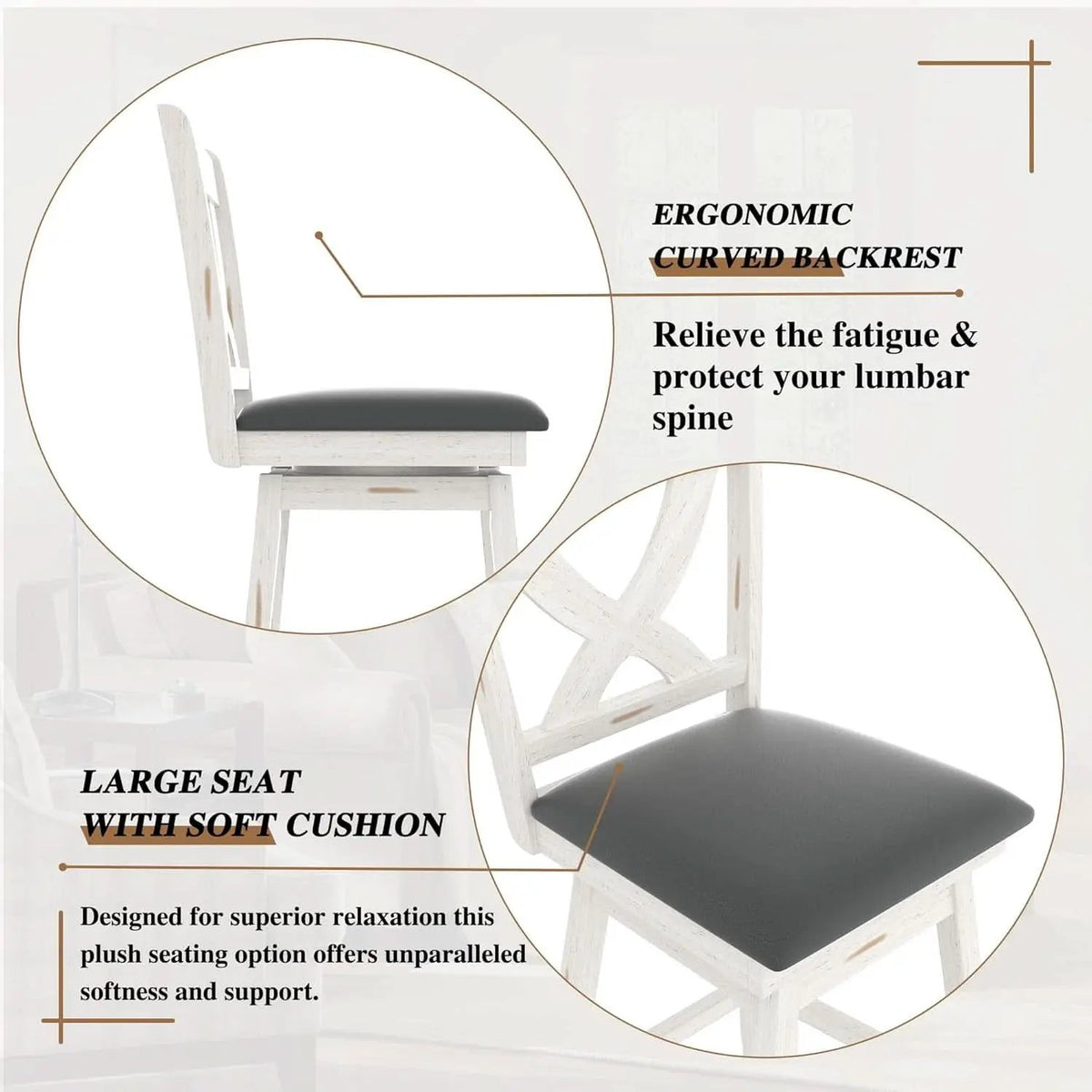 29 Inch Swivel Bar Stool With Grey Faux Leather Upholstery Antique White Wood Frame And Solid Wood Footrest Set Of 2 from PriceLows™