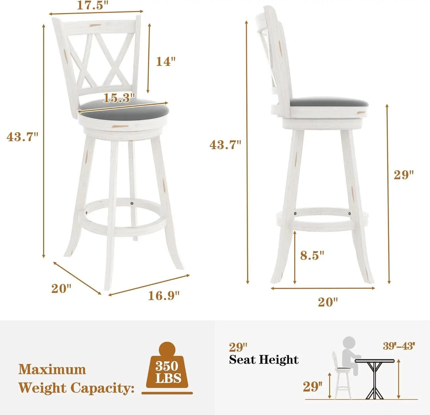 29 Inch Bar Height Swivel Stool Antique White Set Of 2 With Upholstered Seat And Comfortable Padding from PriceLows™