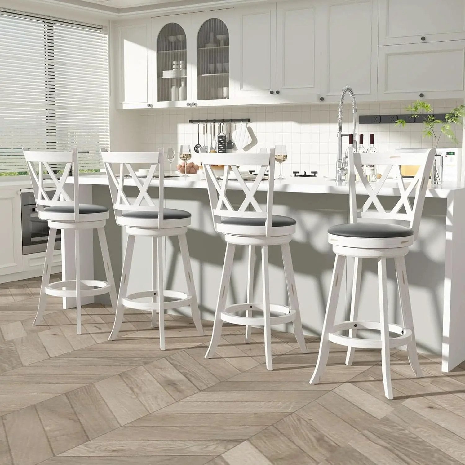 29 Inch Bar Height Swivel Stool Antique White Set Of 2 With Upholstered Seat And Comfortable Padding from PriceLows™