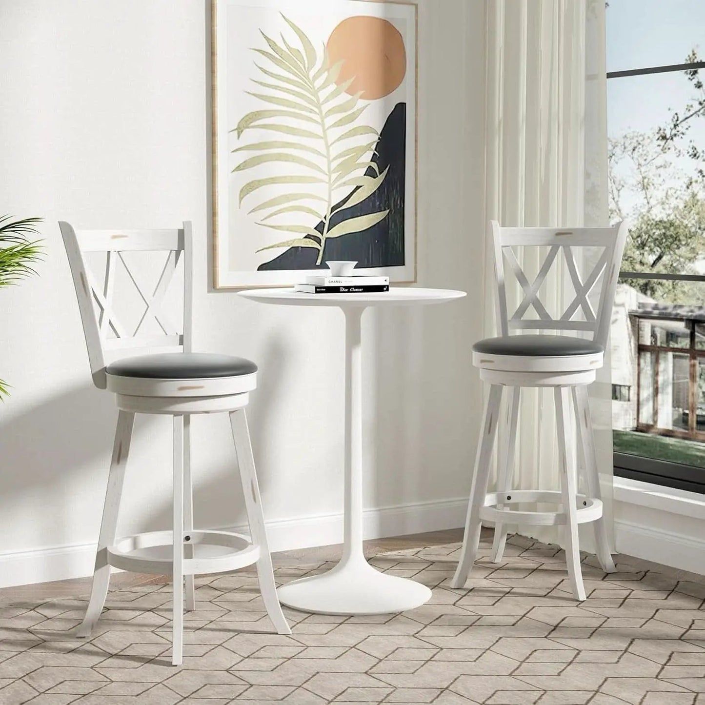 29 Inch Bar Height Swivel Stool Antique White Set Of 2 With Upholstered Seat And Comfortable Padding from PriceLows™
