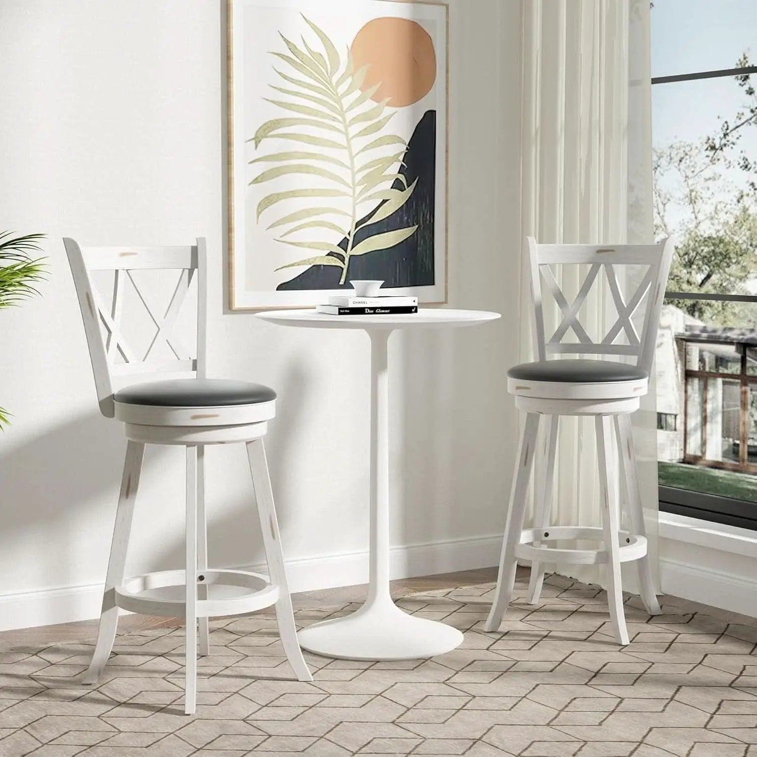 29 Inch Bar Height Swivel Stool Antique White Set Of 2 With Upholstered Seat And Comfortable Padding from PriceLows™